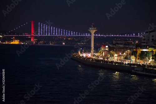 Bosphorus bridge in the night with the lights on, Istanbul