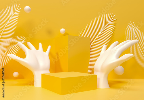 Palm Sculpture on yellow template, brand advertising. Palm leaves juicy 3d render illustration. Female hand - podium, pedestal for goods exhibition. Sunny summer background for presentation of brands