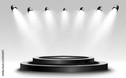 Podium with a spotlight on a dark background, first place, fame and popularity. Vector illustration. Realistic podium illuminated by spotlights.