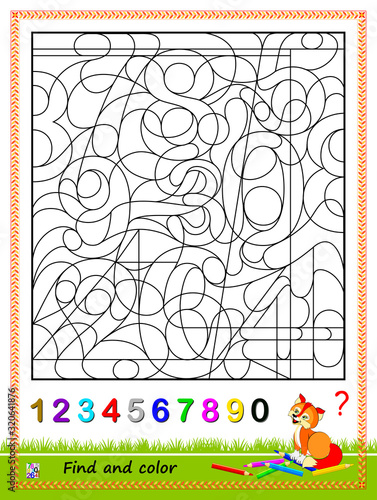 Math education for kids. Logic puzzle game. Find and paint the numbers from 1 to 0. Coloring book. Printable worksheet for school textbook. Developing children counting and spatial thinking skills.
