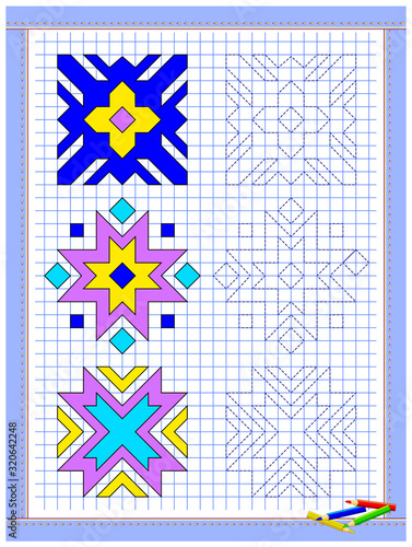 Educational page for kids. Printable worksheet on square paper for children. Learn to draw geometrical figures. Developing coloring and tracing skills. School math textbook. Baby coloring book.