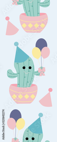 Vertical seamless border with cute pastel party cactus and balloons