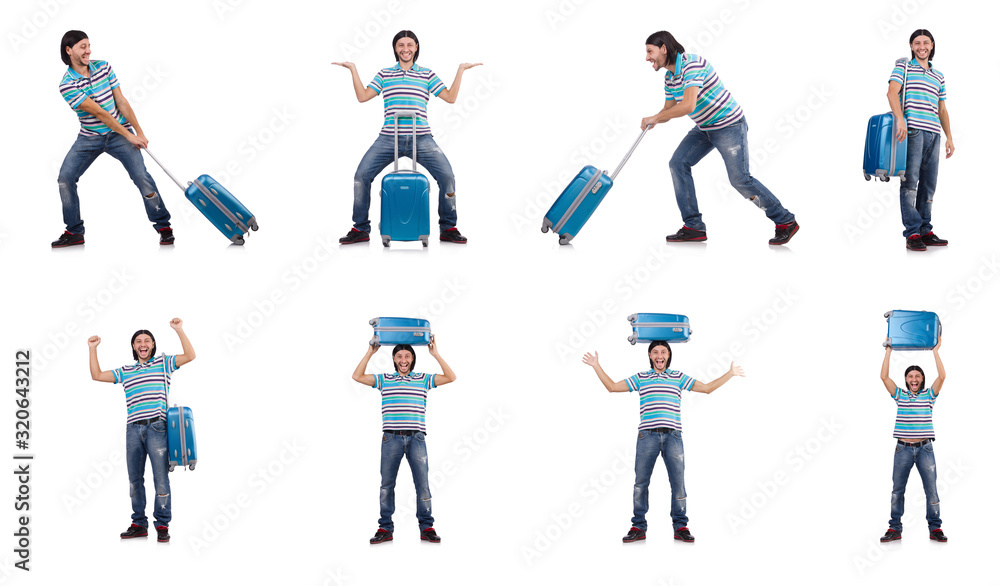 Young man travelling with suitcases isolated on white
