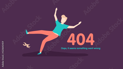 Flat concept for page not found 404 error. Vector cartoon flat illustration background with a guy slipped by a banana. Went wrong