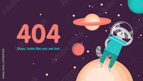 Space landscape background with lost raccoon and planetes. 404 error not found page web design. Vector cartoon illustration