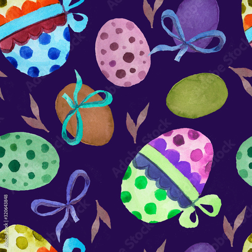 Postcard, Happy Easter. Hand drawn watercolor illustration. Holiday, vacations, rest. Print, textile, background. Seamless pattern.