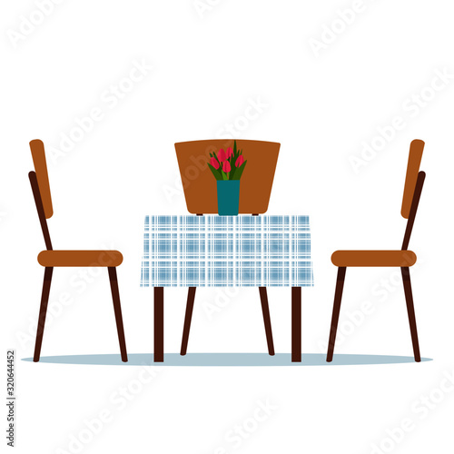 Dining table with a tablecloth and a vase of flowers and tree chairs. Furniture for home and interior. vector illustration