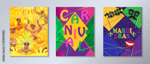 2024 Abstract Rio Brazilian Carnival music dance festival night party Samba dancer parade Sambadrome, New Orleans, Mardi Gras, notting hill, Venezia costume exotic tropical palm leaves set vector