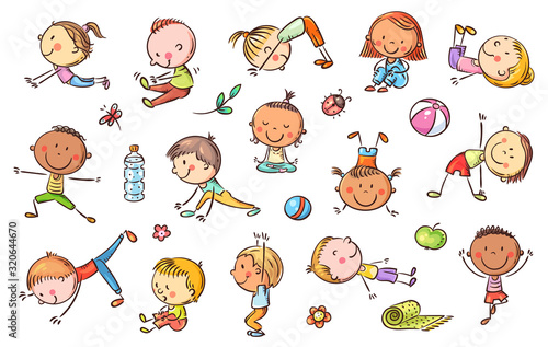Yoga kids set, vector cliparts, doodle drawings