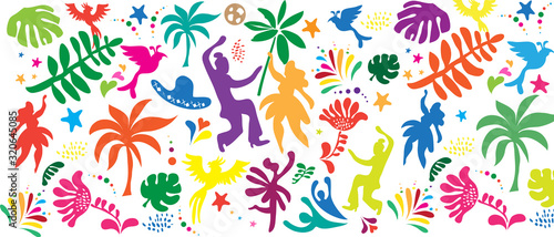 2024 Abstract Rio Brazilian Carnival music dance festival night party Samba dancer parade Sambadrome pattern, New Orleans, Mardi Gras, notting hill, Venezia costume exotic tropical palm set vector