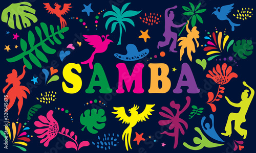 2024 Abstract Rio Brazilian Carnival music dance festival night party Samba dancer parade Sambadrome, New Orleans, Mardi Gras, notting hill, Venezia costume exotic tropical palm leaves set vector