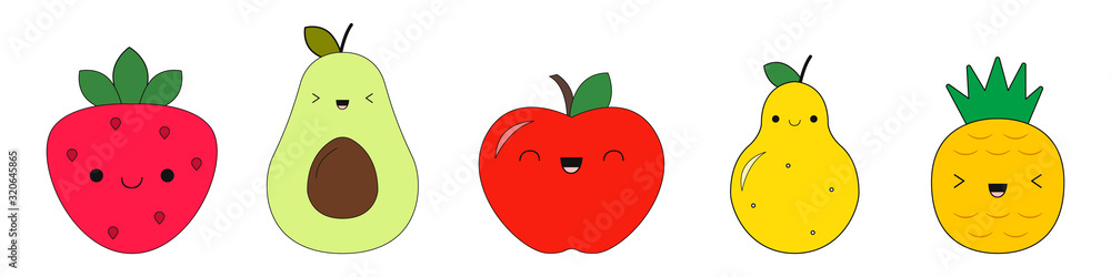 Food icons. Fruit. Kawaii style. Set. Funny cartoon food with facial expression and emotions. Collection. Vector illustration Food icons. Fruit. Kawaii style. Set. Funny cartoon food with facial expression and emotions. Collection. Vector illustration