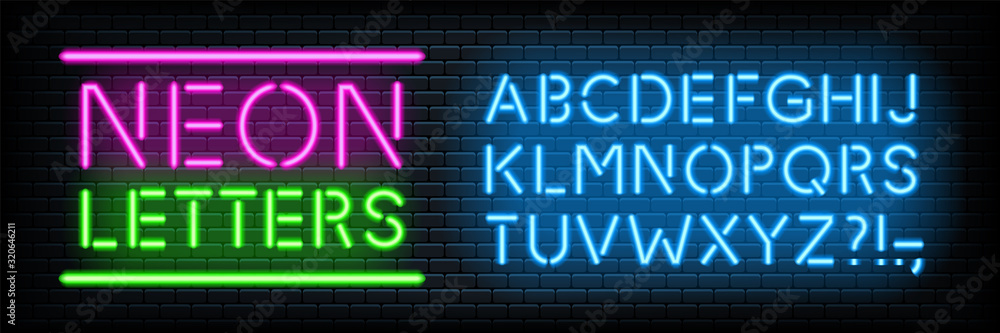 Neon glowing light letters font set collection vector