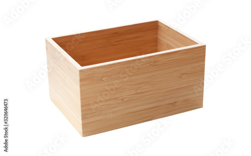 Empty wooden box for your packaging isolated on white background top view.