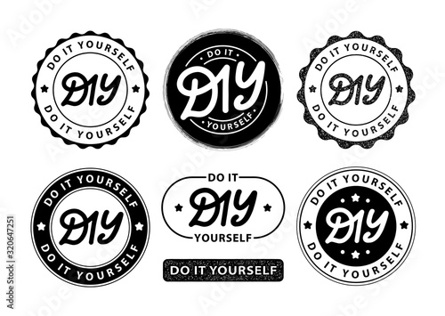 DIY do it yourself. Lettering abbreviation logo circle stamp set. Vector illustration. Round Template for print design label, badge rubber seal stamp on white background. Black color photo