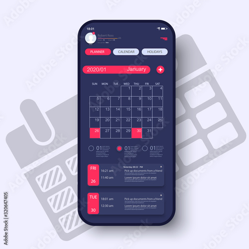 Calendar 2020, organizer  Concept UI, UX, GUI screens and flat web icons for mobile apps, responsive app. 