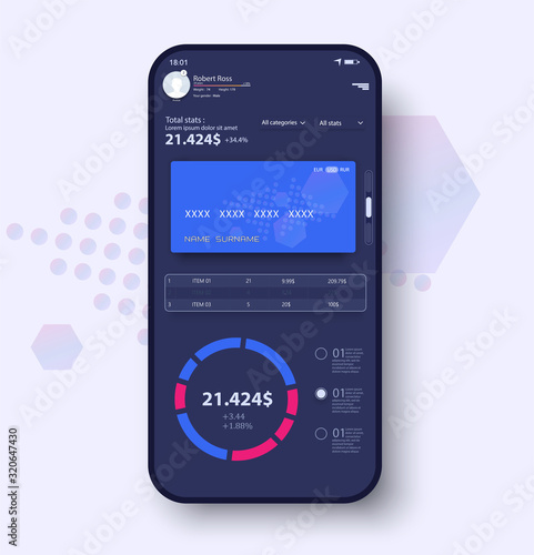 Savings Tracker Concept UI, UX, GUI screens and flat web icons for mobile apps, responsive app. Credit card manager smartphone interface vector template. Mobile app page blue design layout. Vector
