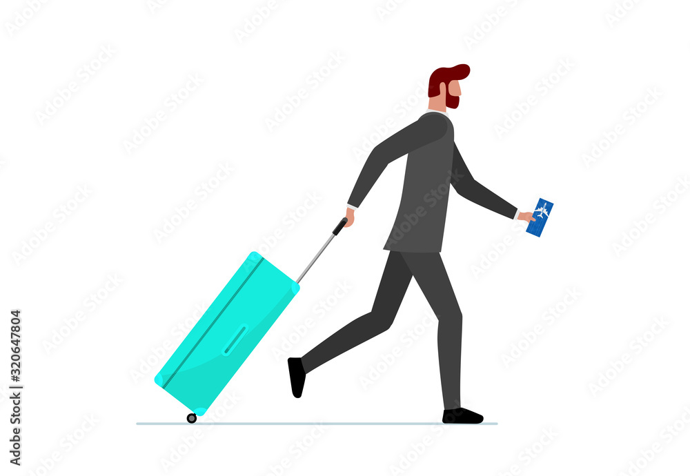 Businessman running with suitcase and flight ticket. Hurrying male with luggage bag rushing boarding to plane or missing flight. Tourist traveling concept vector illustration