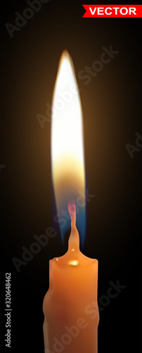 Realistic thin yellow paraffin or wax burning candle with fire flame. On dark black background. Vector icon.