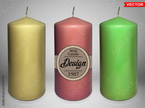 Realistic big colorful paraffin or wax aromatic decorative round cylindrical candles with fire wick. On gray background. Vector icons set.