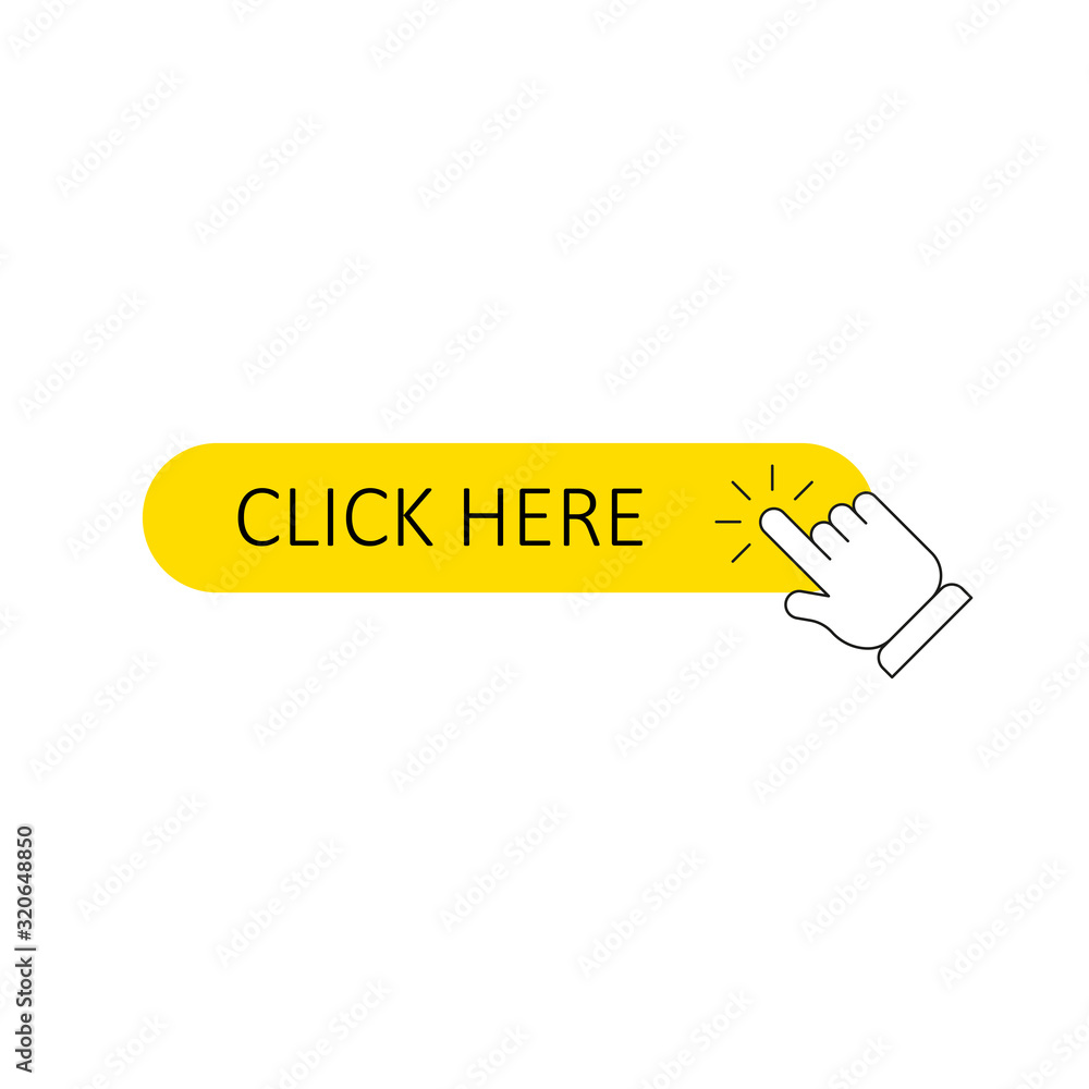 Click here button with hand pointer clicking. Vector illustration. Click here button with hand pointer clicking. Vector illustration.