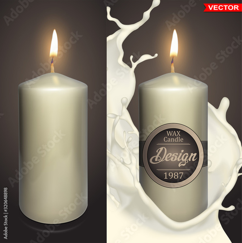 Realistic big white paraffin or wax aromatic decorative round cylindrical shiny candles with fire flame. On black background. Vector icons set.