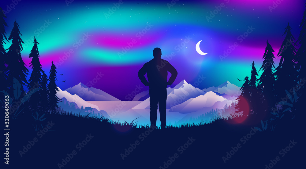 Watching the northern lights. Man standing watching the beautiful view, looking at the night sky and the moon. Lights are dancing over the sky. Scandinavian nature landscape concept.
