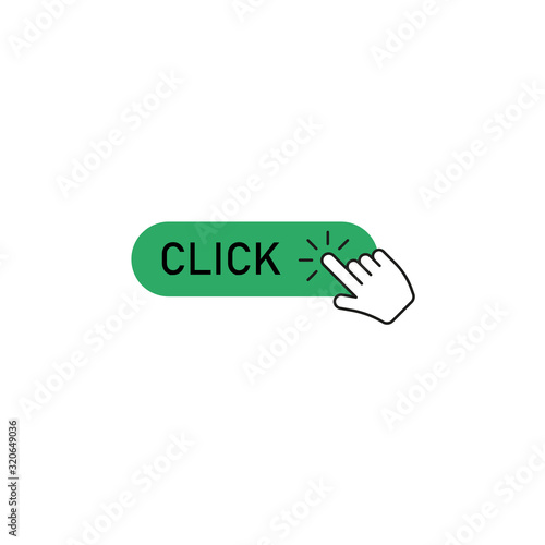 Click here button with hand pointer clicking. Vector illustration.