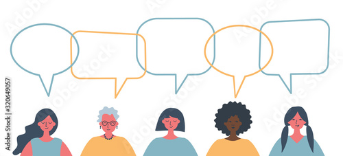 Women's community. International Women's Day concept. People icons with speech bubbles. There are women of different races, different ages in the picture. Vector illustration on a white background