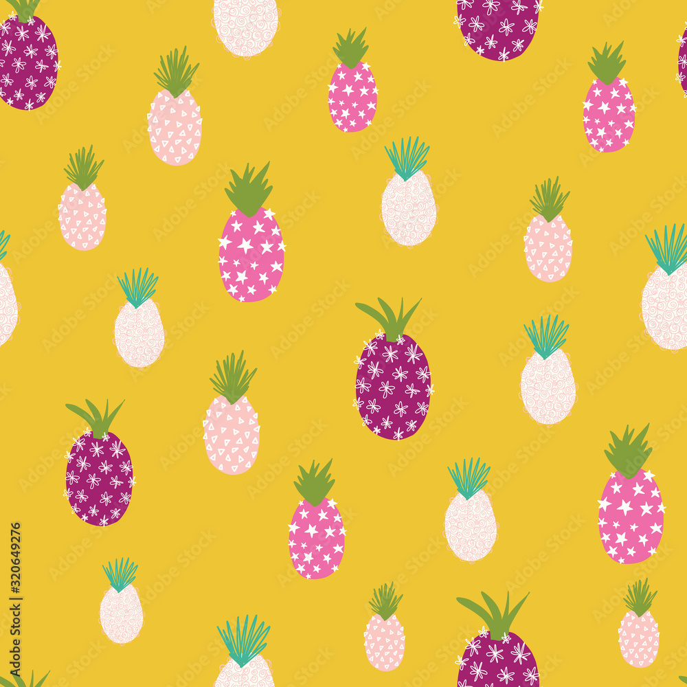 Abstract summer pineapples seamless vector pattern. Repeating colorful tropical background. Hand drawn exotic fruit isolated in cartoon doodle style. For fabric, summer decoration, packaging, kids