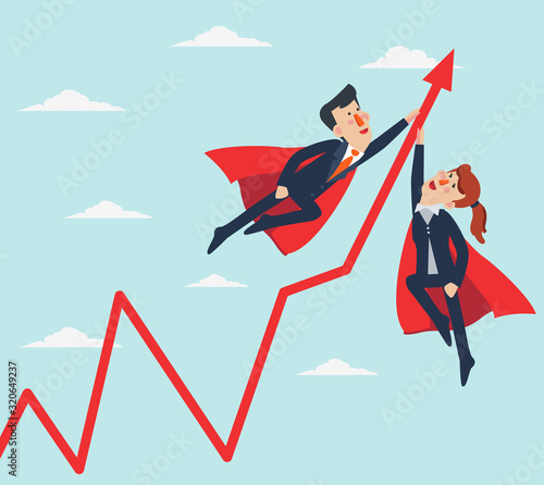 Super Businessman and Super Businesswoman with growing graph arrow. Business success vector concept. Cartoon superhero flying with cape waving in the wind