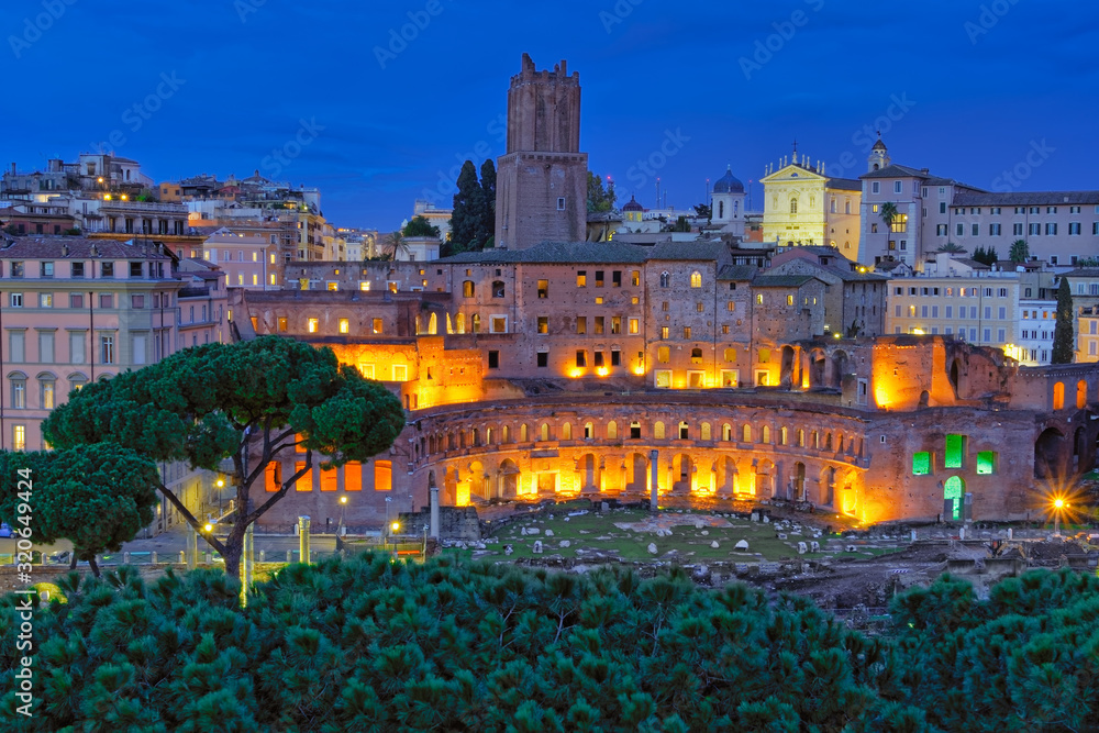 Trajans Market (Mercati di Traiano), restored Roman forum complex, at blue hour elevated view, Rome, Lazio Trajans Market (Mercati di Traiano), restored Roman forum complex, at blue hour elevated view, Rome, Lazio