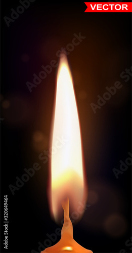 Realistic thin yellow paraffin or wax burning candle with fire flame. On dark black background. Vector closeup icon.