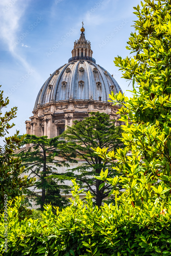 Rome, Vatican City, Italy - Panoramic view of St. Peter’s Basilica - Basilica di San Pietro in Vaticano - main dome by Michelangelo Buonarotti seen from the Vatican Gardens in the Vatican City State Rome, Vatican City, Italy - Panoramic view of St. Peter’s Basilica - Basilica di San Pietro in Vaticano - main dome by Michelangelo Buonarotti seen from the Vatican Gardens in the Vatican City State