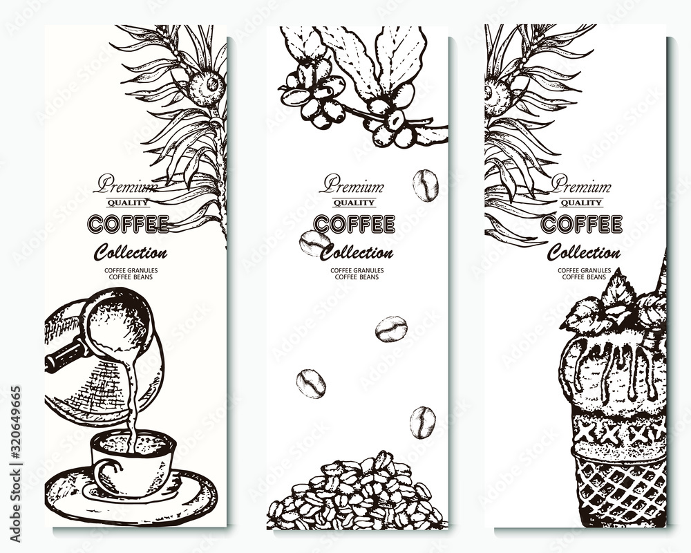 Coffee illustration. Hand drawn vector banner. Coffee beans, flower, branch, bag