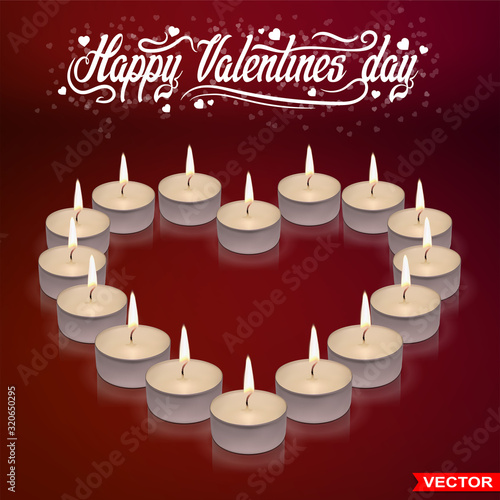 Realistic small round paraffin or wax aromatic decorative tealight heart shaped candles in metal box with fire flame. On red background. Valentines day.