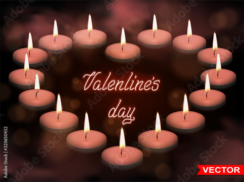 Realistic small round paraffin or wax aromatic decorative tealight heart shaped candles in metal box with fire flame. On red blurred background. Valentines day.