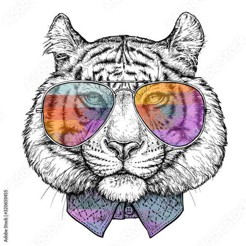 Hand drawn portrait of Tiger in glasses. Vector illustration isolated on white