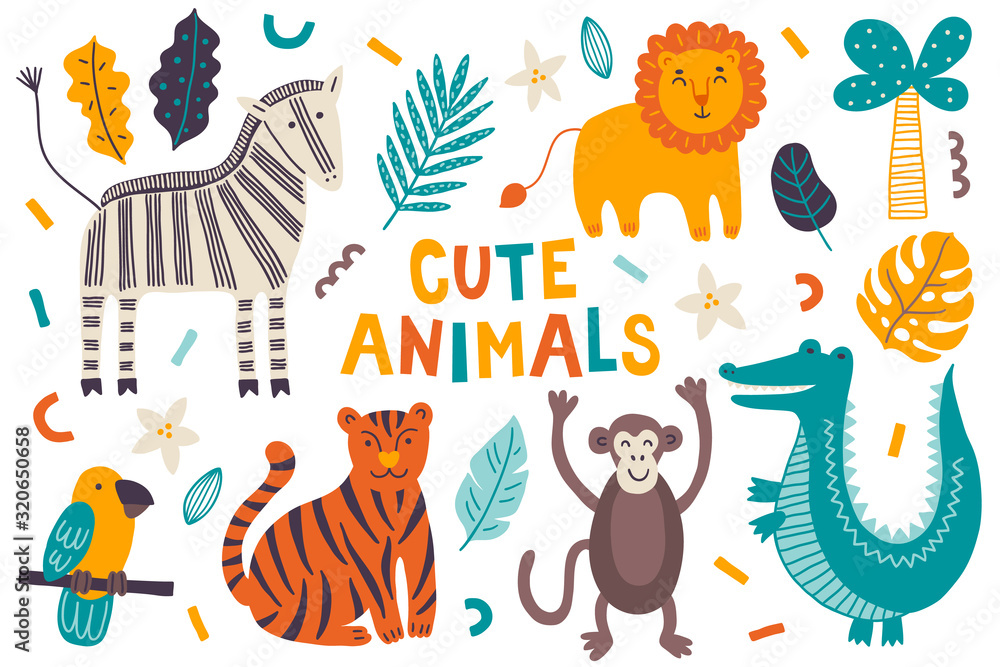 Cute animals - zebra, lion, tiger, monkey, crocodile, parrot. Scandinavian style