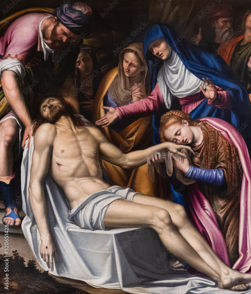 Obraz premium Milan, Italy. 2017/11/25. The painting of the Pietà (1584) by Simone Peterzano (c. 1535–1599). The Church of San Fedele in Milan, Italy.