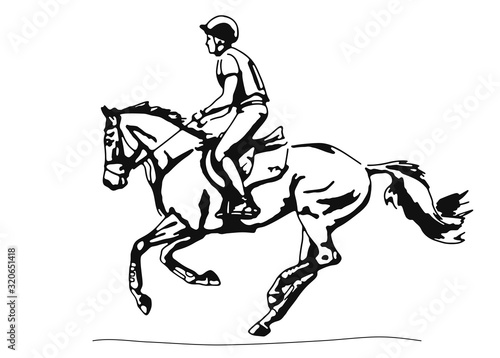 Silhouette of a athlete and his horse during a cross-country race. Equestrian eventing.