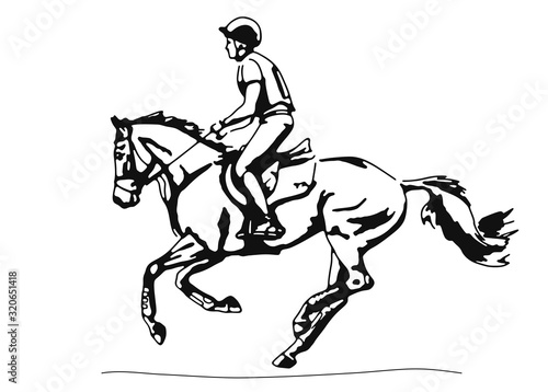 Silhouette of a athlete and his horse during a cross-country race. Equestrian eventing.