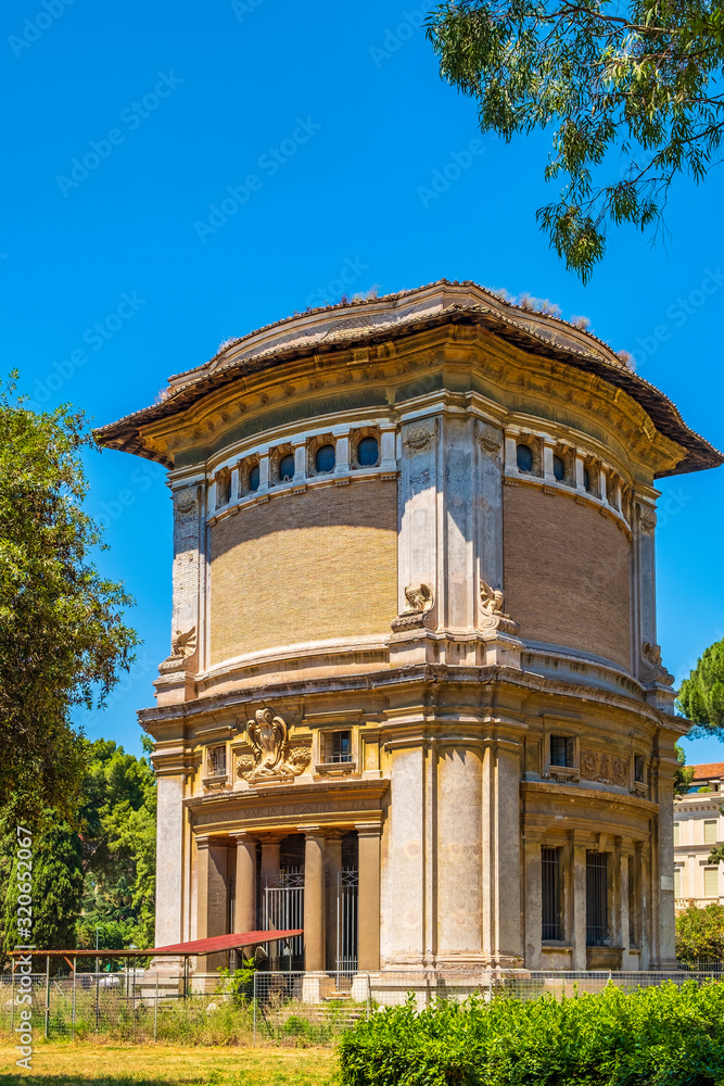 Rome, Italy - Historic water cistern tower - Serbatoio dell’Aqua Marcia - at the Piazzale dei Daini square within the Villa Borghese park complex in the historic quarter Pinciano in Rome