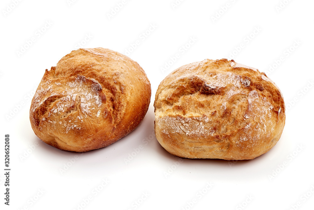 Freshly baked round bread loaf, isolated on white background