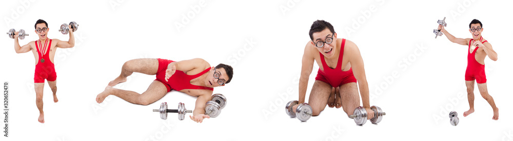 Funny guy exercising with dumbbells on white Funny guy exercising with dumbbells on white