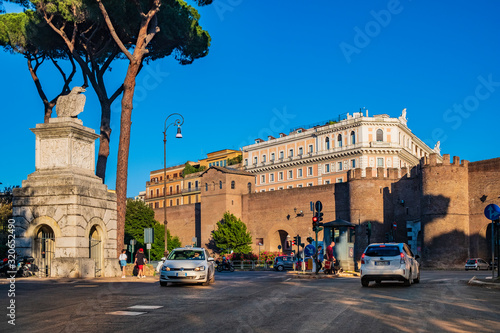 Rome, Italy - Porta Pinciana gate within the walls of ancient Rome at the Piazzale Brasile square with the historic quarter Sallustiano in background