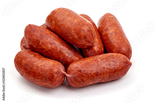 Traditional spanish Chorizo sausages, isolated on white background