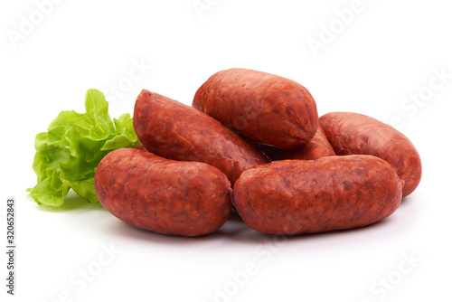 Chorizo Sausages with lettuce, isolated on white background