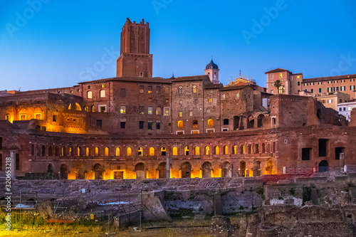 Rome, Italy - Evening view of the Roman Forum - Foro Romano - with Trajan’s Forum, Trajan’s Market and the Torre delle Milizie tower