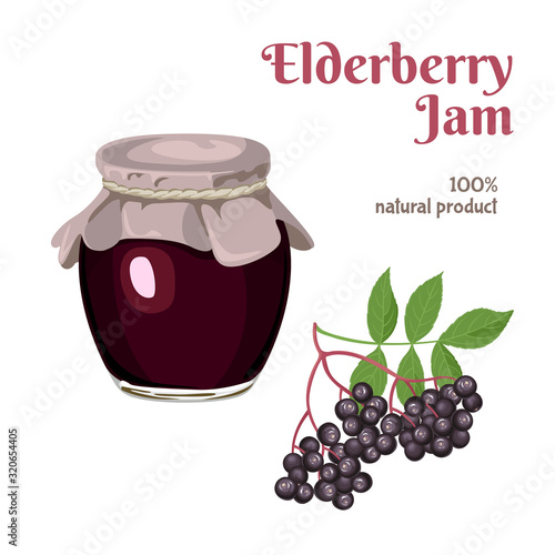 Elderberry Jam in glass jar isolated on white background. Vector illustration of berries in cartoon flat style.